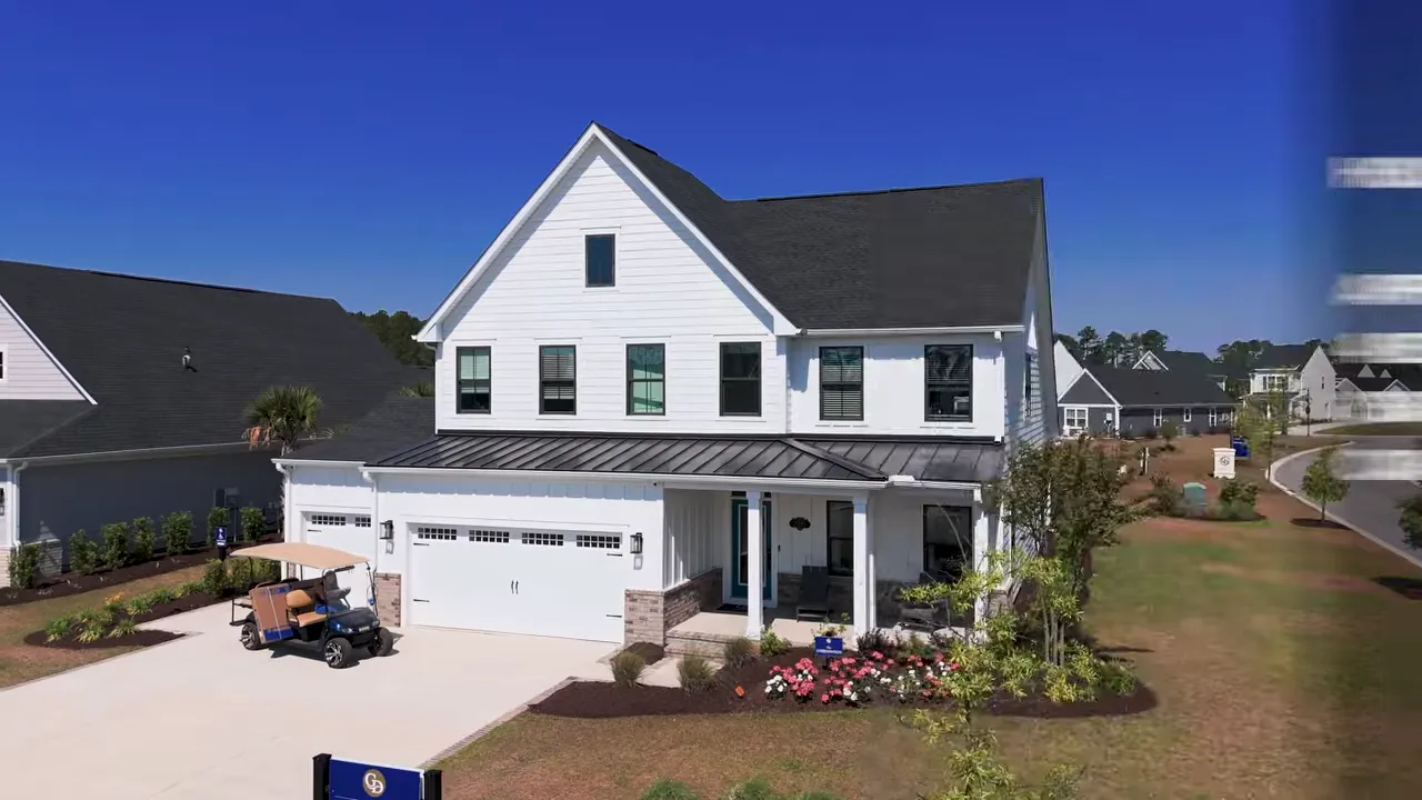Aerial view of community amenities and pool area with overlay highlighting gas community, sidewalks, Hardie board, Intracoastal Waterway, and community pool