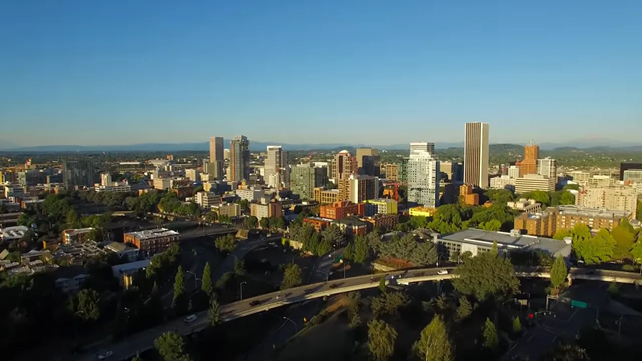 aerial view of downtown Portland skyline with text noting 10 minutes to downtown Portland