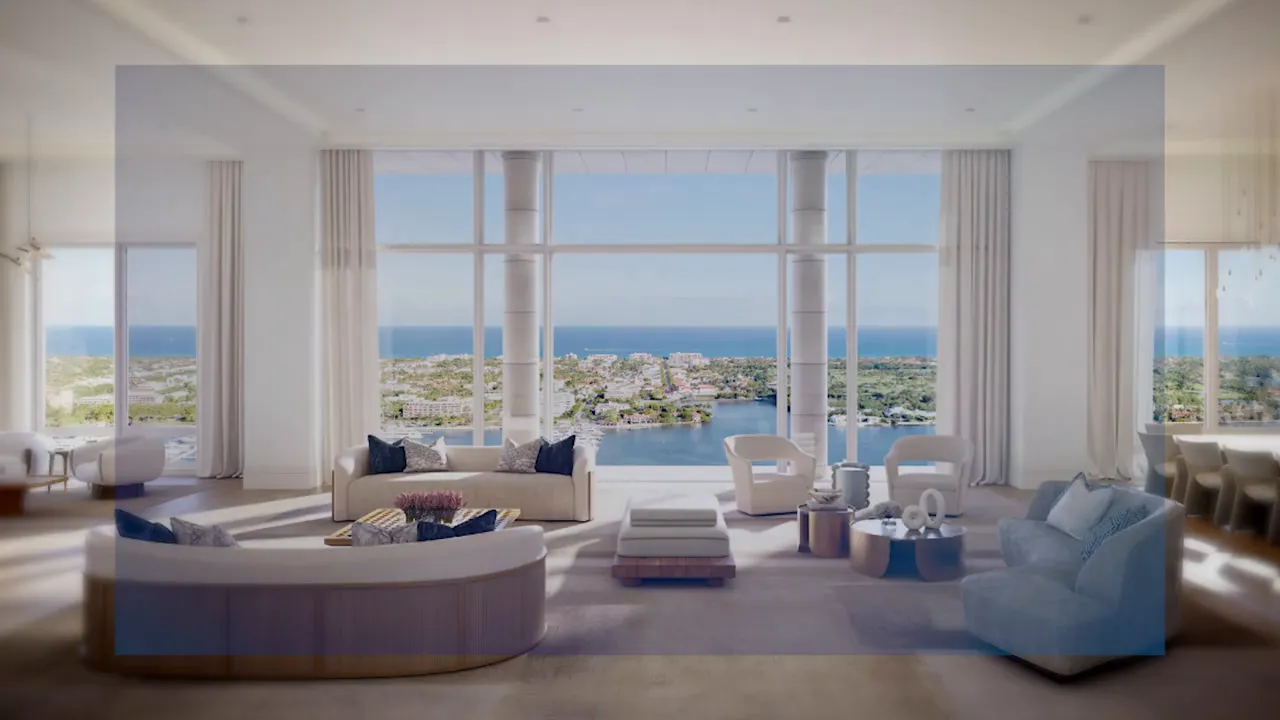Luxury waterfront high-rise interior with floor-to-ceiling windows and ocean views