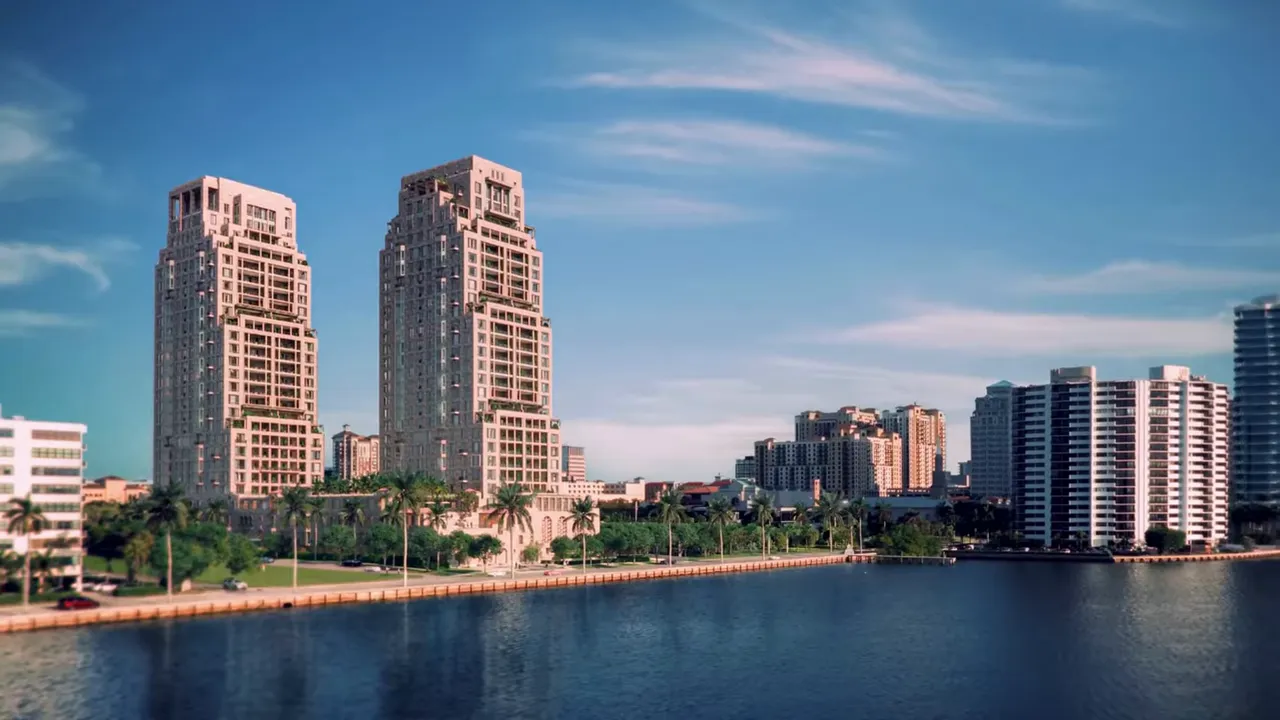 Clear aerial view showing the South Flagler House parcel outlined in pink along South Flagler Drive and adjacent Norton Gallery Park