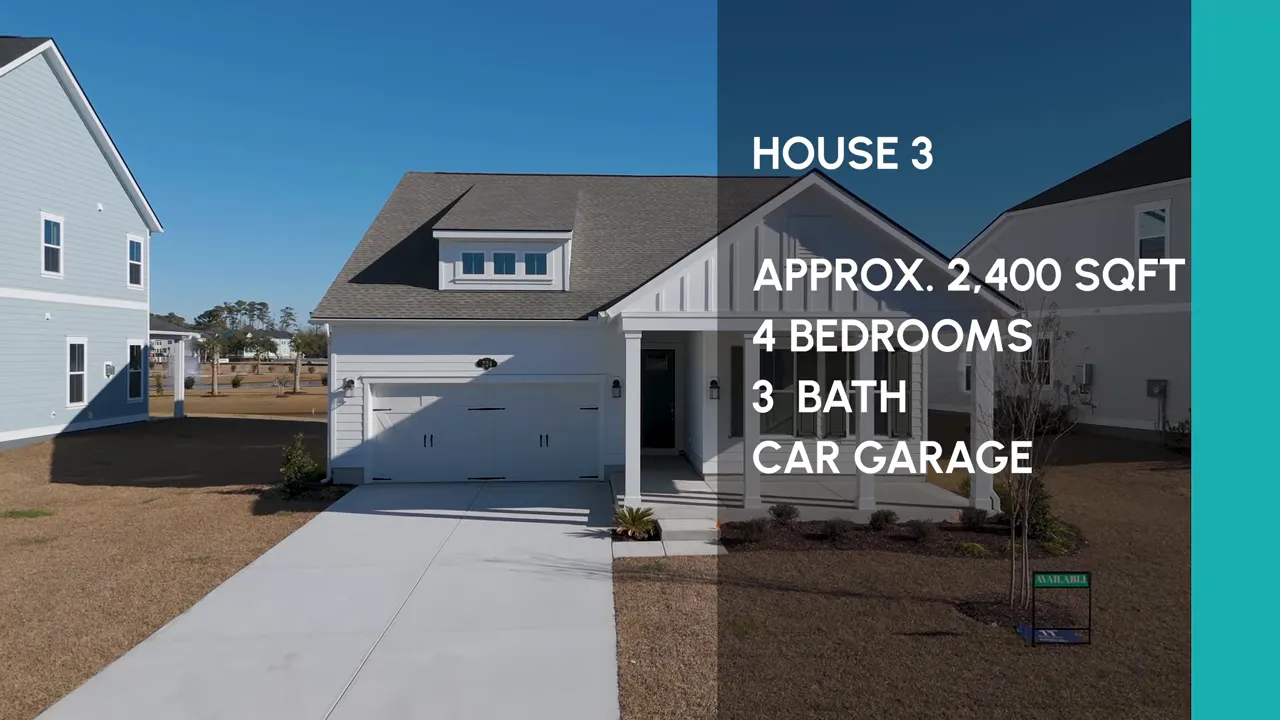 Model kitchen with presenter and informational overlay reading 'House 3 Approx 2,400 sqft 4 bedrooms 3 bath' illustrating Model C specs