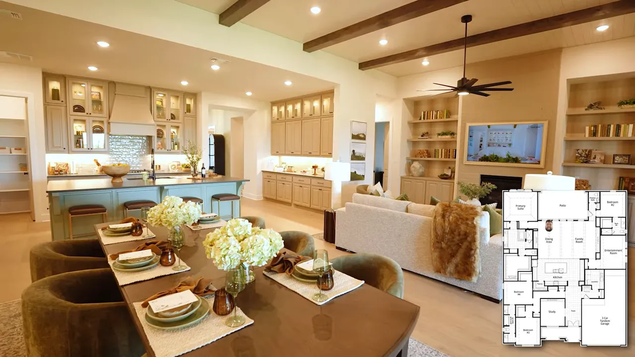 Open kitchen dining and living room with large island and text reading 3341 sq ft
