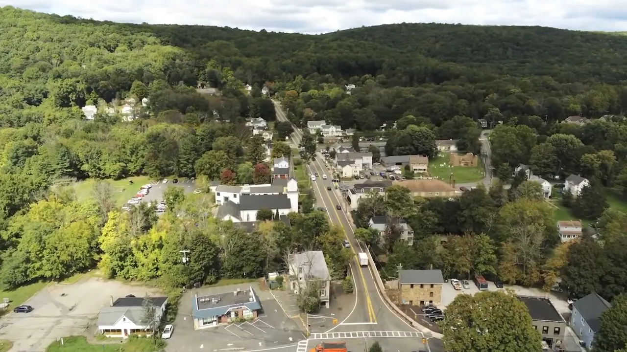 aerial photograph of West Morris Central High School campus with soccer and baseball fields and surrounding woods