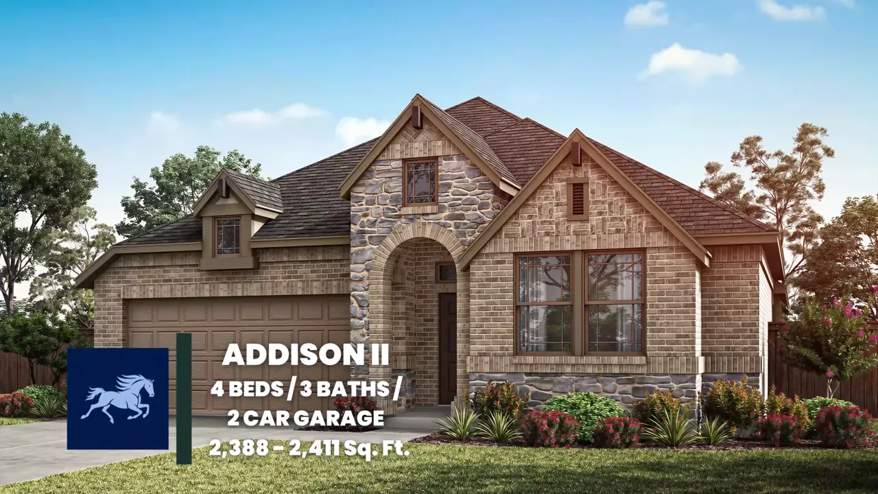 Addison II covered front entry with glass front door, brick porch and inset floor plan