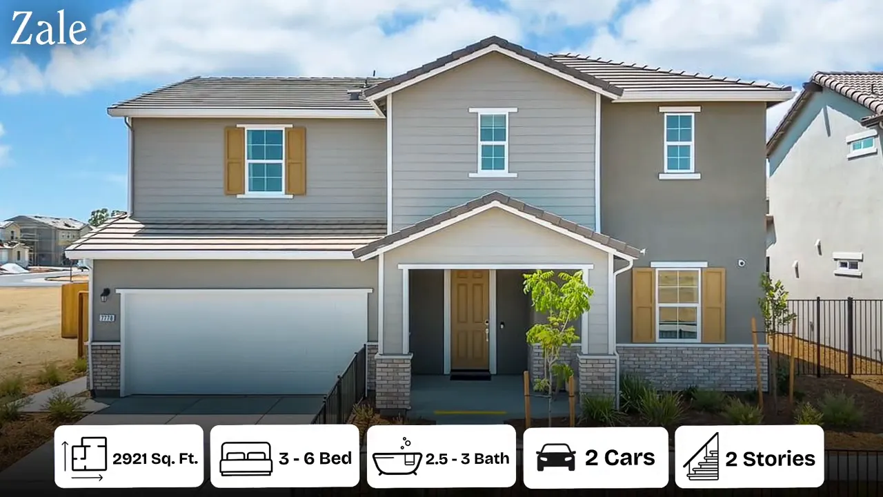 Front exterior of a two-story model home with on-screen text reading 2921 sq.ft, 2 stories, 3-6 beds, 2.5-3 baths and 2 car garage.