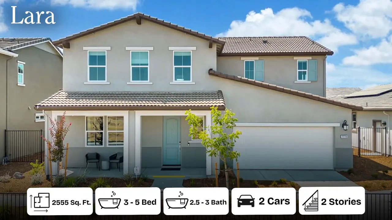 Front exterior of a two‑story model home with blue front door and on‑screen text listing 2555 sq.ft., 2 stories, 3–5 beds, 2.5 baths and 2‑car garage.