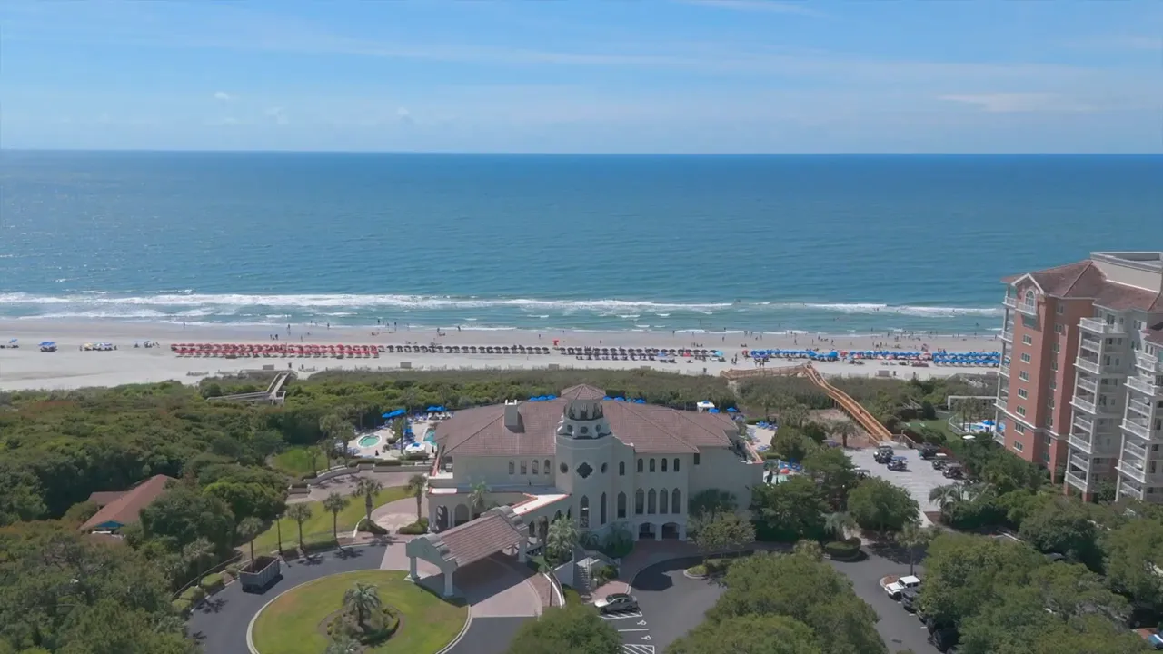 sunrise on the beach with a small dog walking and text overlay reading '72 DEGREES'