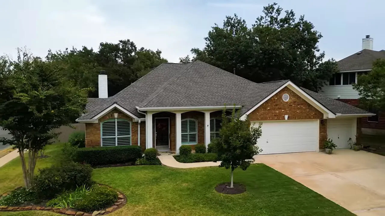 Buttercup Creek residential neighborhood street scene in Cedar Park TX with mature trees and homes