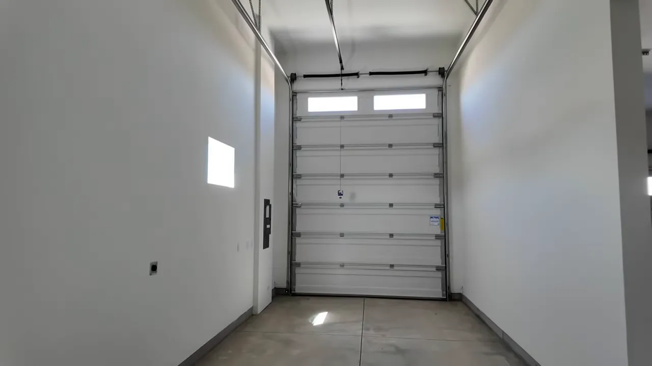 View into the 14-foot RV bay showing tall door and spacious interior