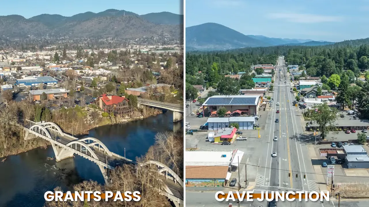 Split aerial view of Grants Pass and Cave Junction in Southern Oregon