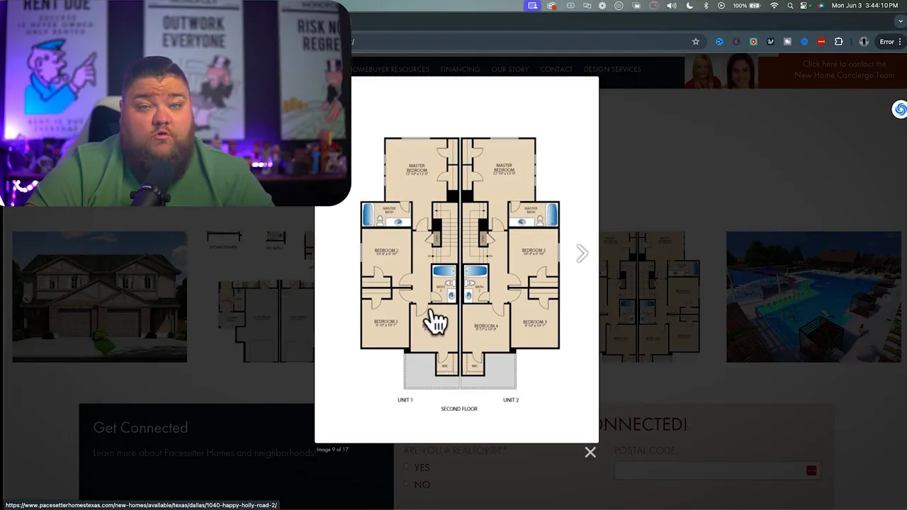 Builder webpage for 1044 Happy Holly Road showing price and duplex series text overlay