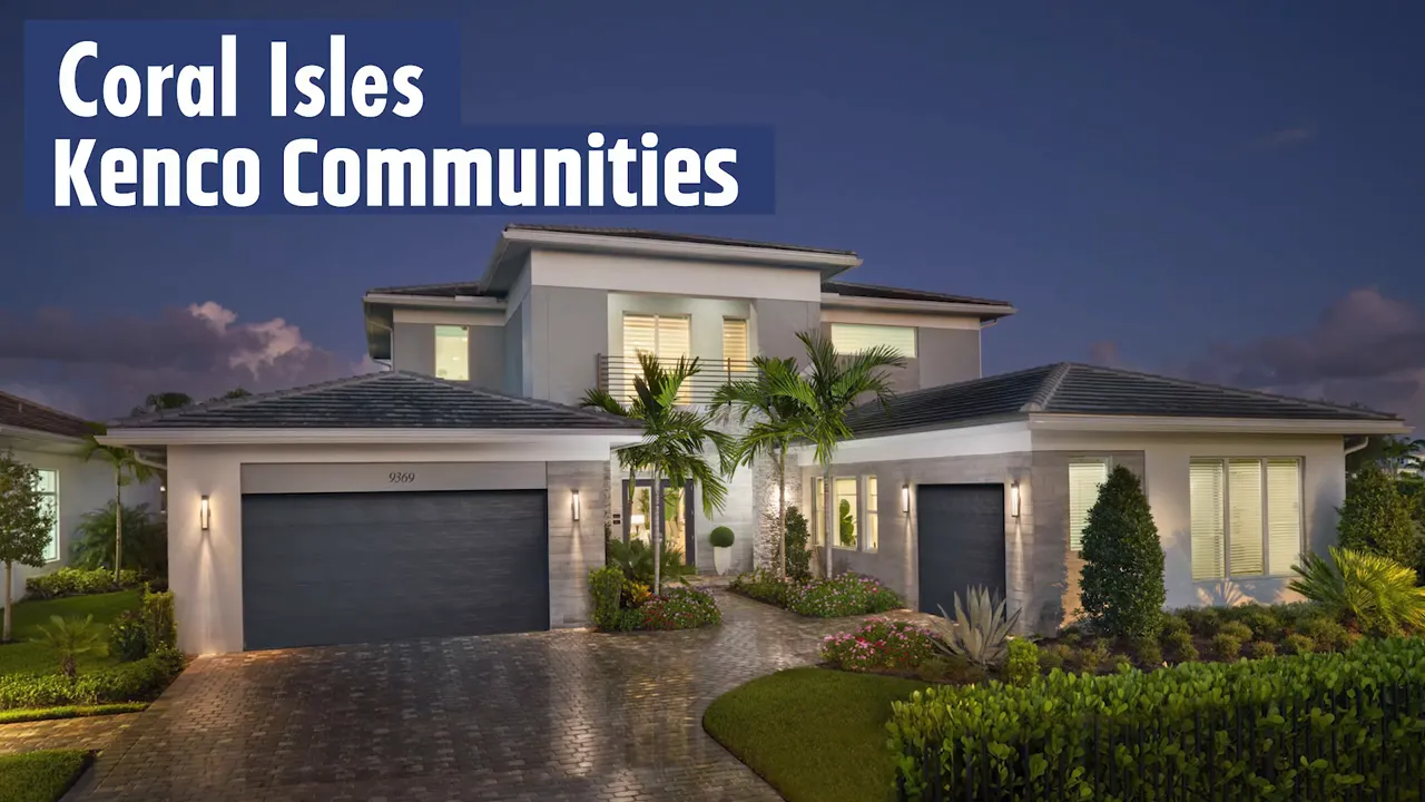 Luxury model home exterior at Avenir Palm Beach Gardens featuring stucco facade, palm trees, and tropical garden landscaping