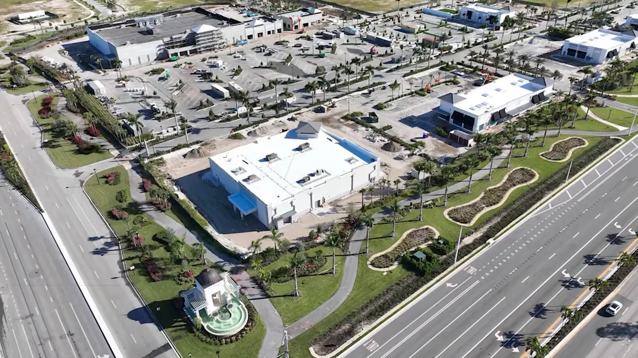 Aerial view of Avenir Palm Beach Gardens town center scale with 200,000 sq. ft. overlay