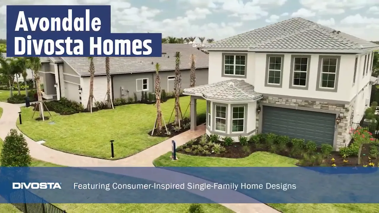Divosta Avondale model home open-concept living room and kitchen area in Avenir Palm Beach Gardens