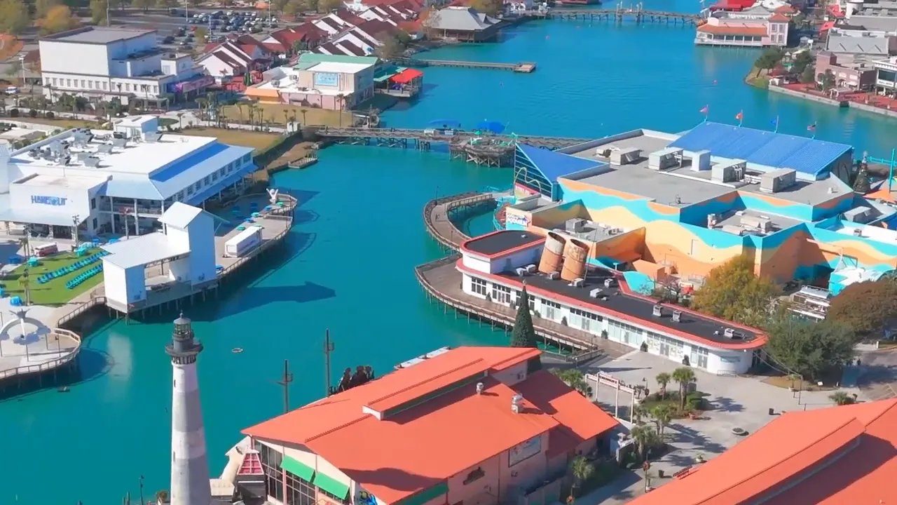 Aerial view of the Myrtle Beach SkyWheel, boardwalk and beachfront