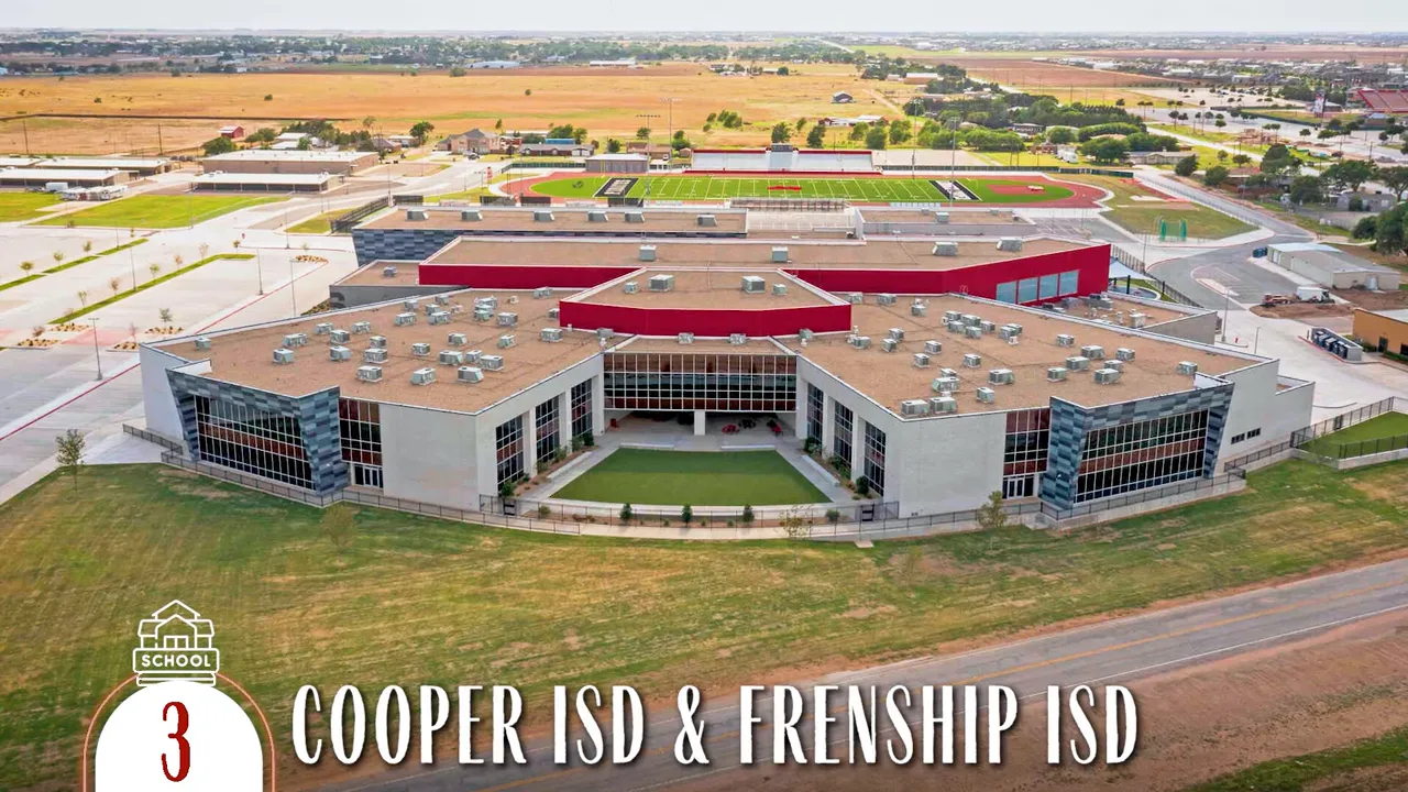 Lubbock, Texas school exterior and students at play