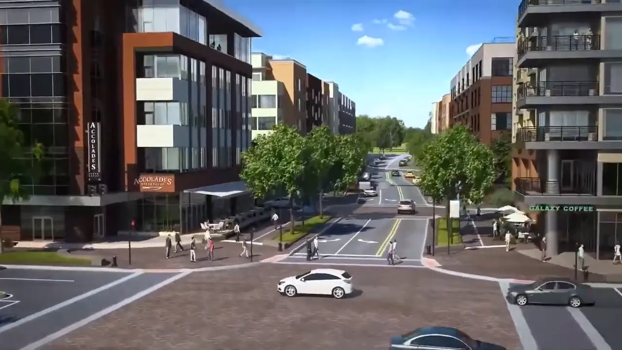 Modern Dublin Ohio streetscape with buildings and traffic in view