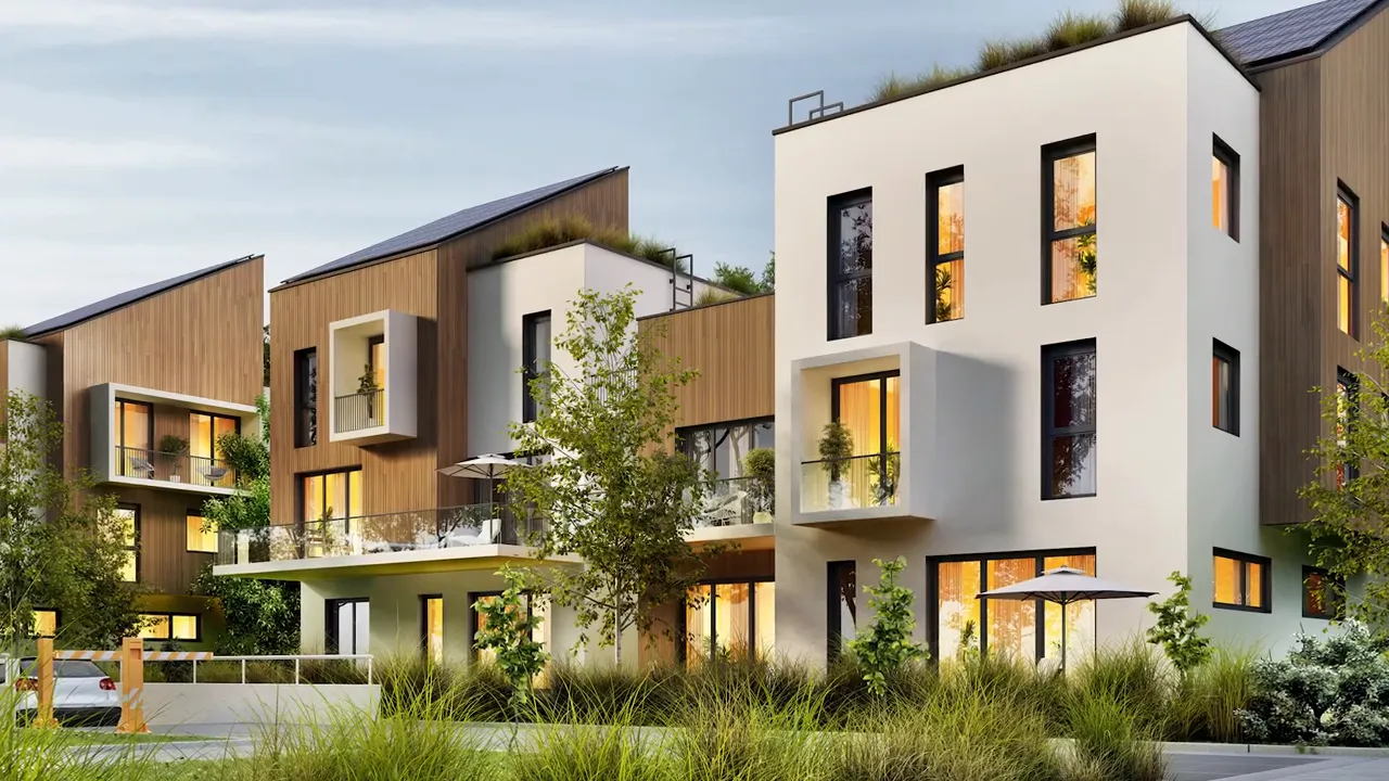 Condo complex with pool courtyard and multi story buildings