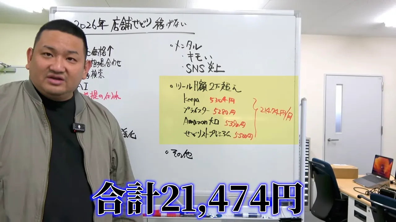 店舗せどりのレート換算と月額負担を示すテロップ(ホワイトボード)