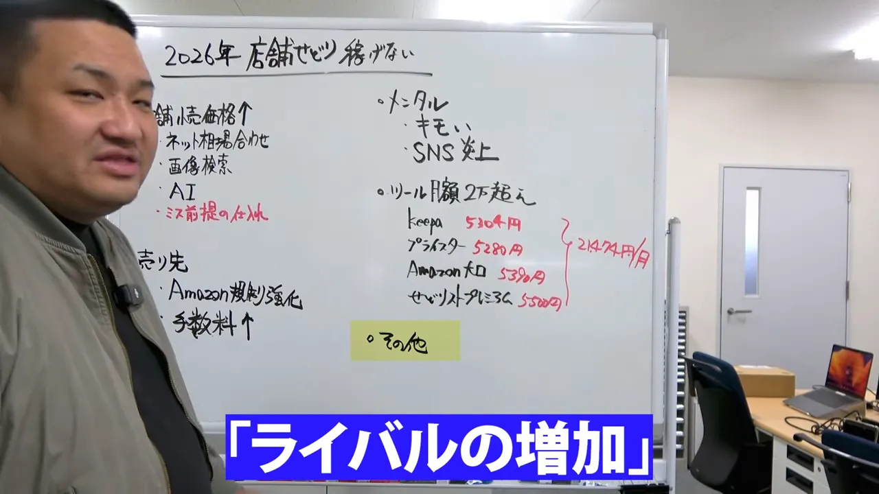 店舗せどりが稼げない理由を解説する白板と説明者(2026年)