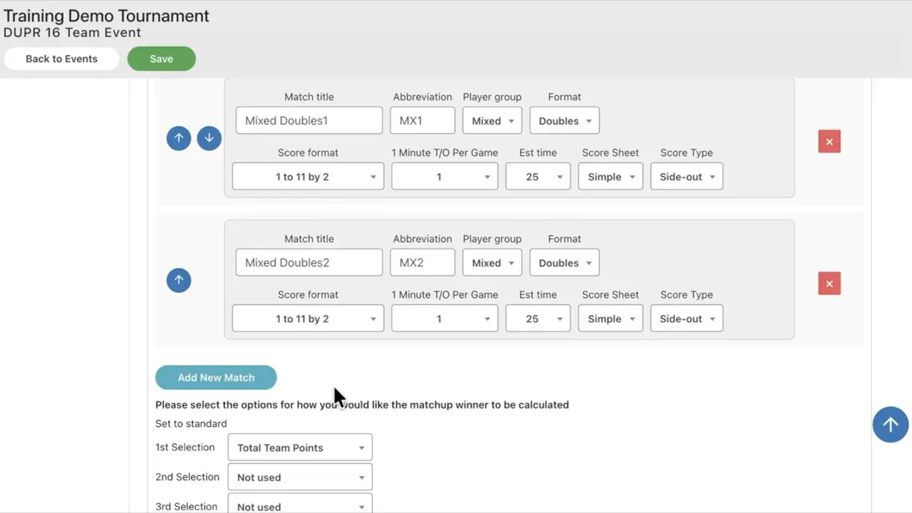 Match setup screen displaying two Mixed Doubles match slots and the 'Add New Match' button.