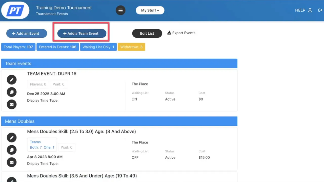Tournament events page with highlighted 'Add a Team Event' button
