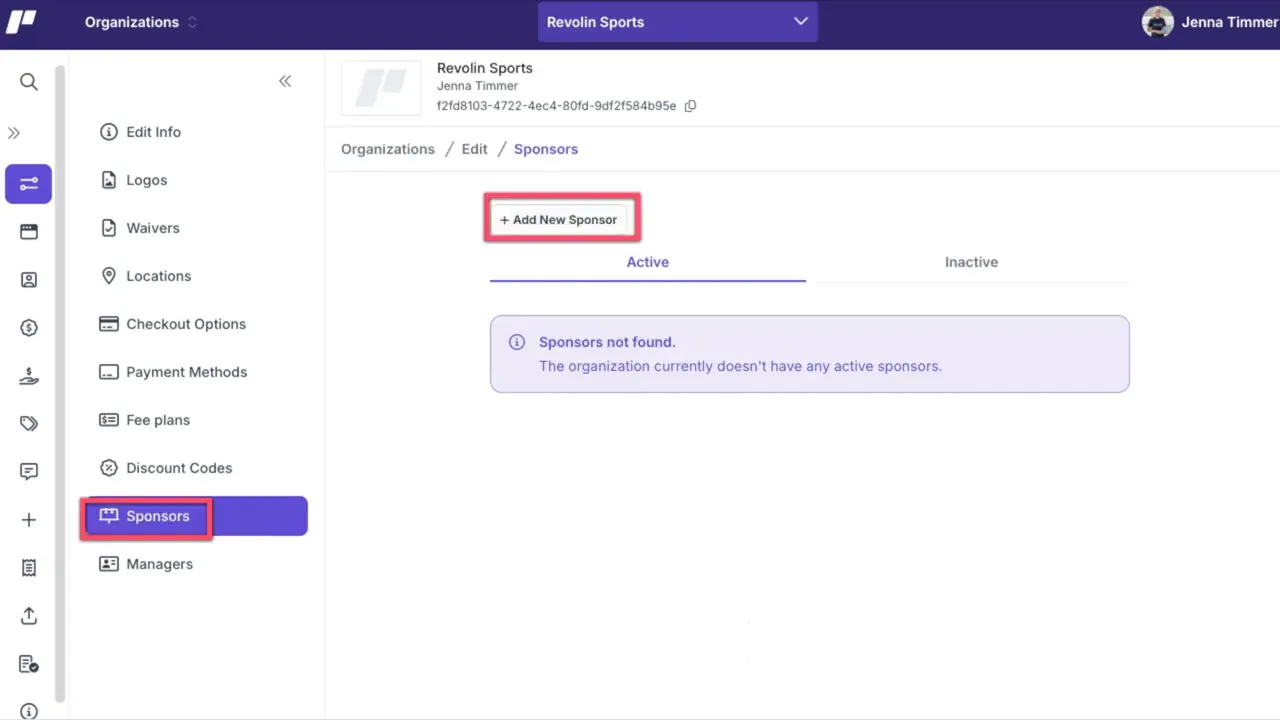 Edit Organization — Sponsors list view with 'Add New Sponsor' button and Sponsors highlighted in the left navigation; Managers is visible below.