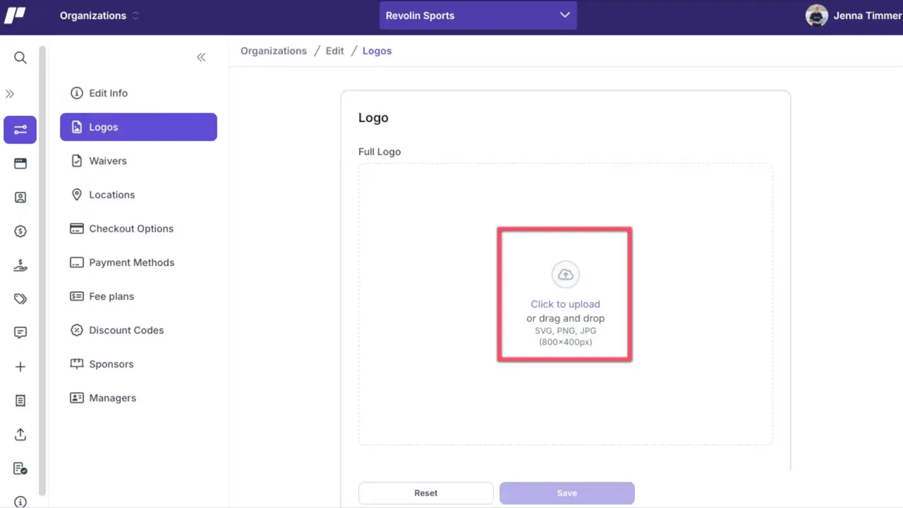 Logo upload area with 'Click to upload' box highlighted for full logo upload in organization settings