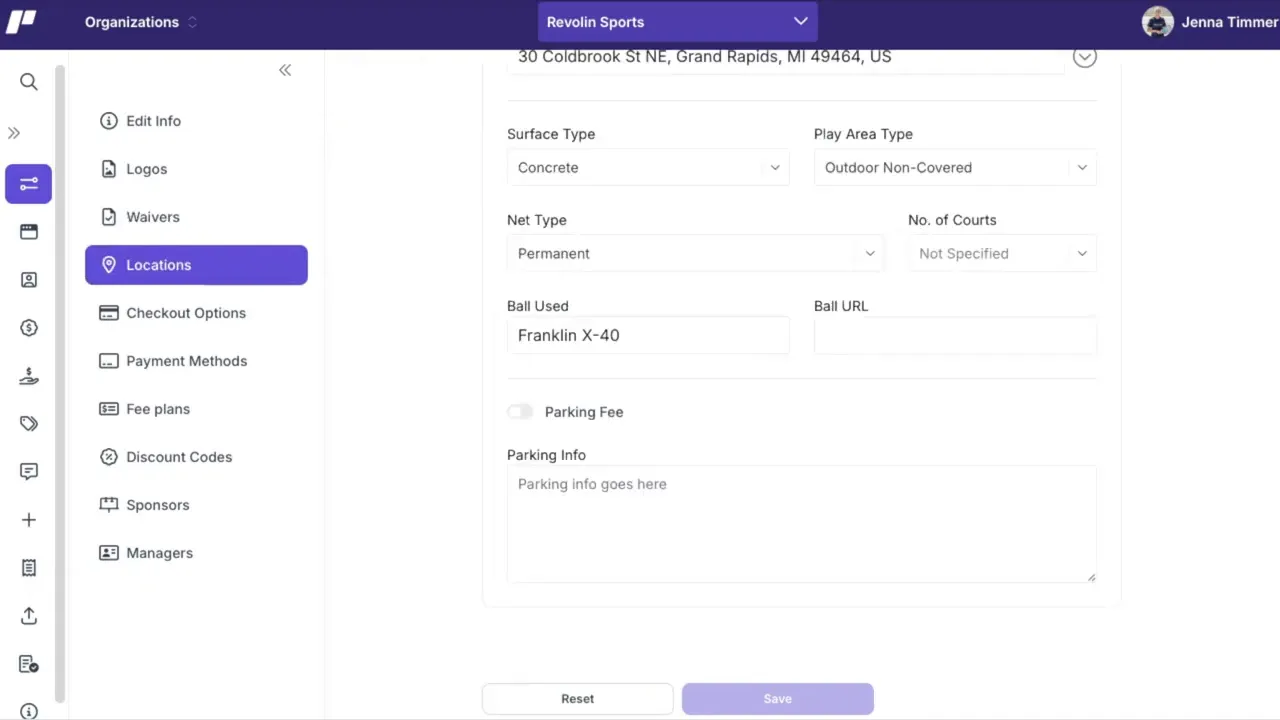 Edit Organization — Location details form showing surface type, play area type, net type, number of courts and 'Ball Used' field.
