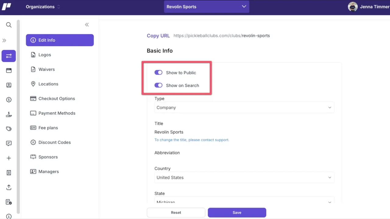 Edit Organization Basic Info close-up with the visibility toggles boxed in red, showing where to turn on public listing and search visibility.