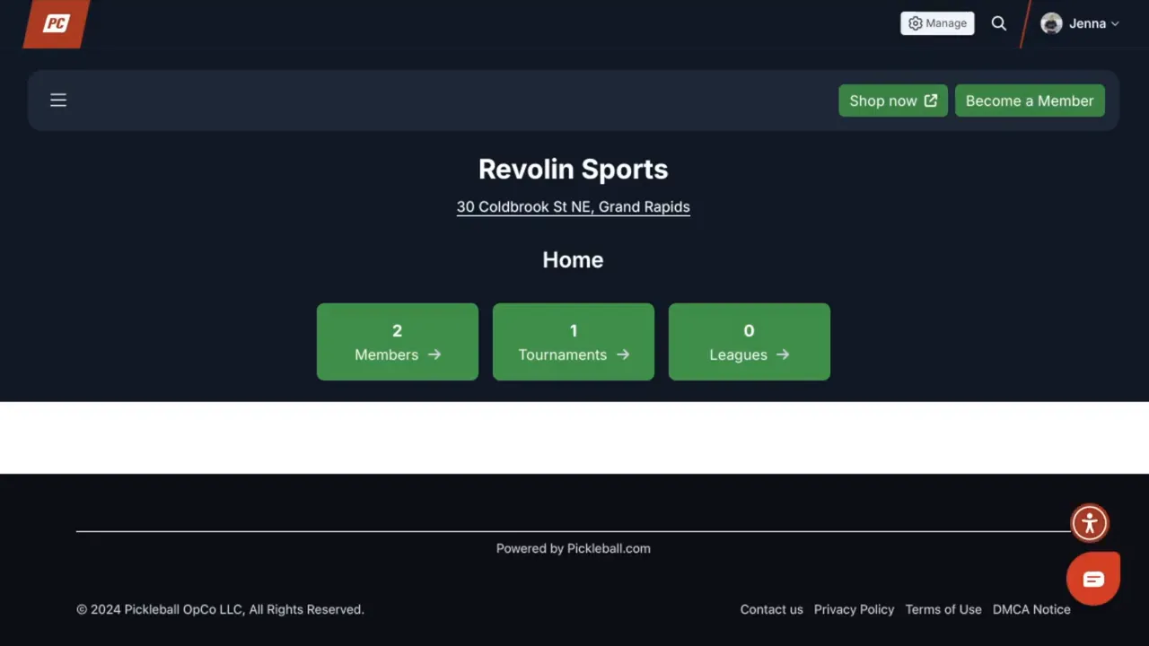 Public club page for Revolin Sports showing the Manage button and quick stats for Members, Tournaments, and Leagues.