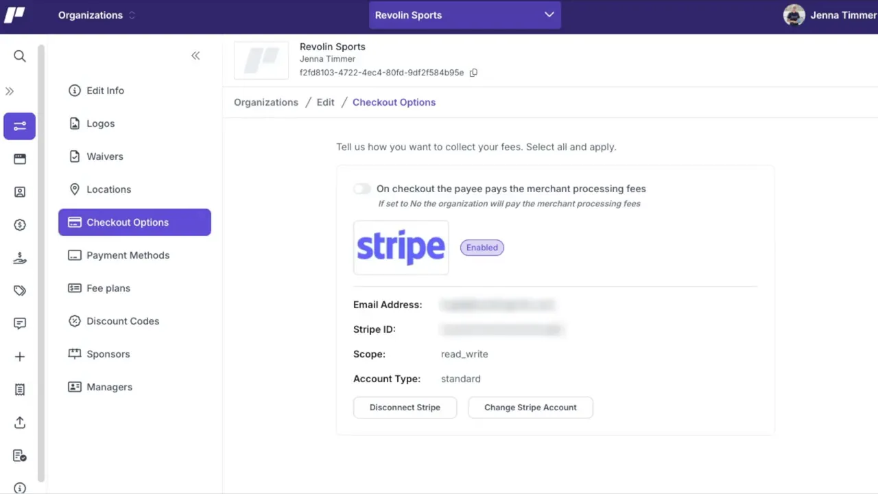 Edit Organization - Checkout Options screen displaying a connected Stripe account with blurred details and an Enabled badge
