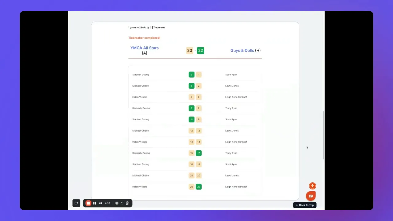 Clean screenshot of a completed tiebreaker scorecard showing cumulative team totals (20–22) and each match's running score.