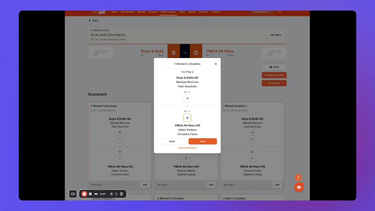 Score entry popup centered on screen with numeric input fields and Save button.