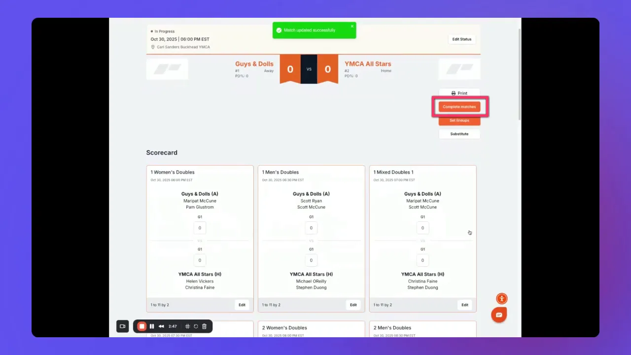 Matchup page showing scorecards with the 'Complete matches' button highlighted on the right.