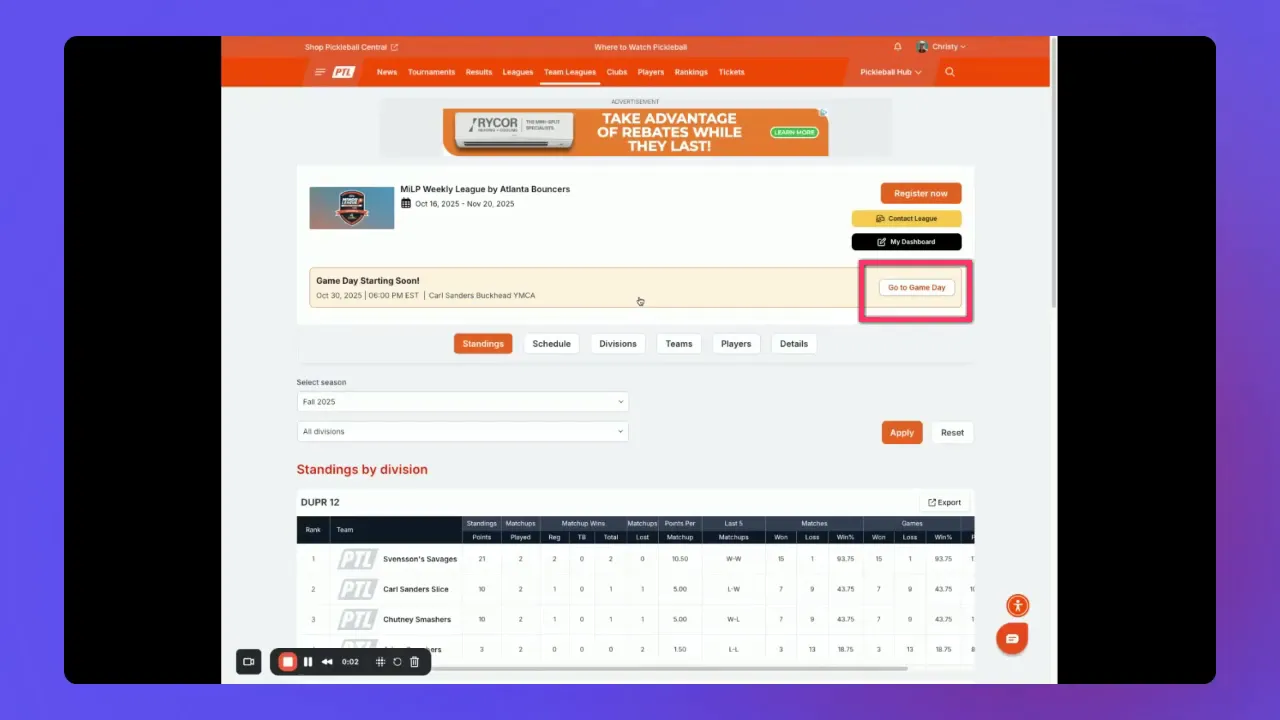 Team league page with 'Go to Game Day' button highlighted