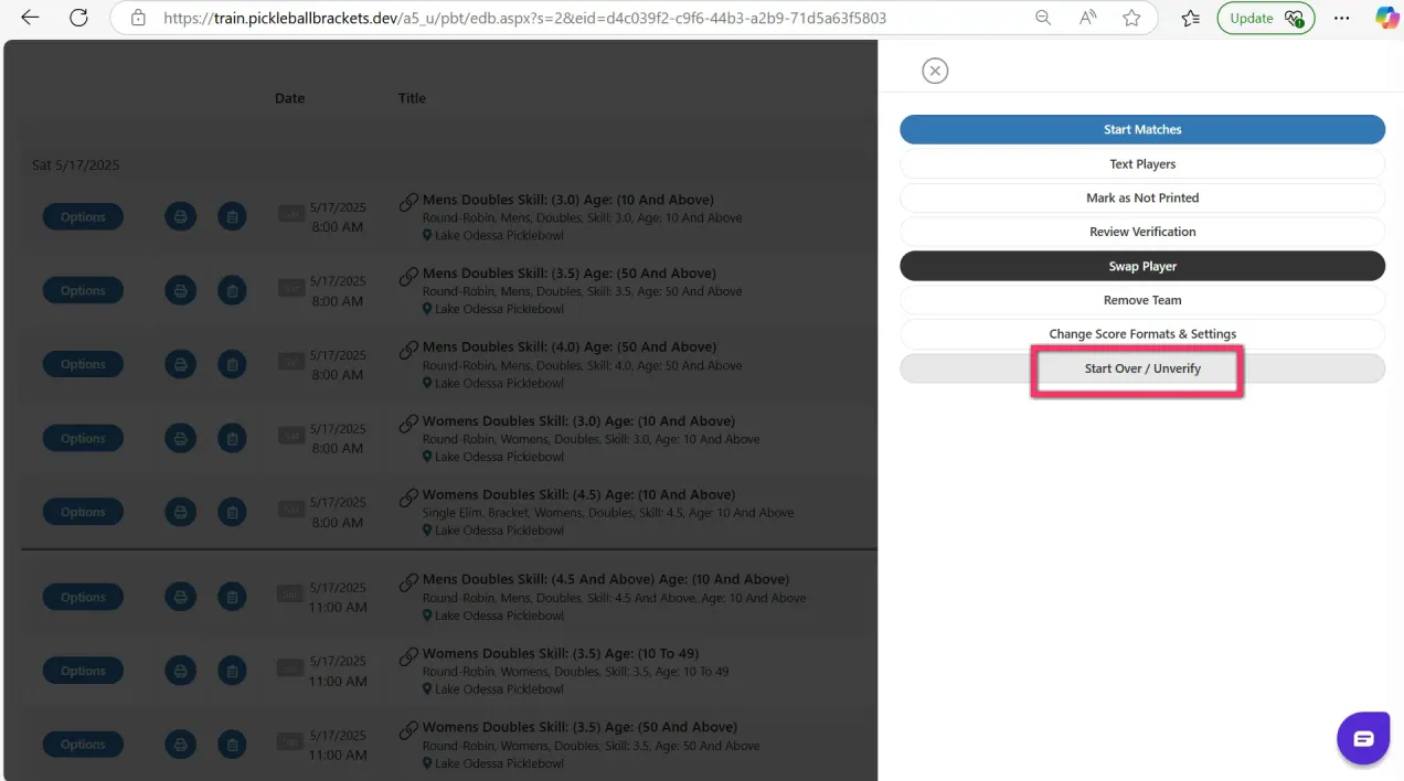 Unverifying event to add new team