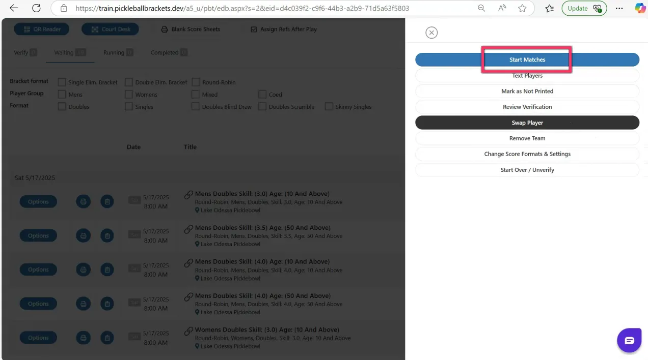 Start matches and texting options in live console