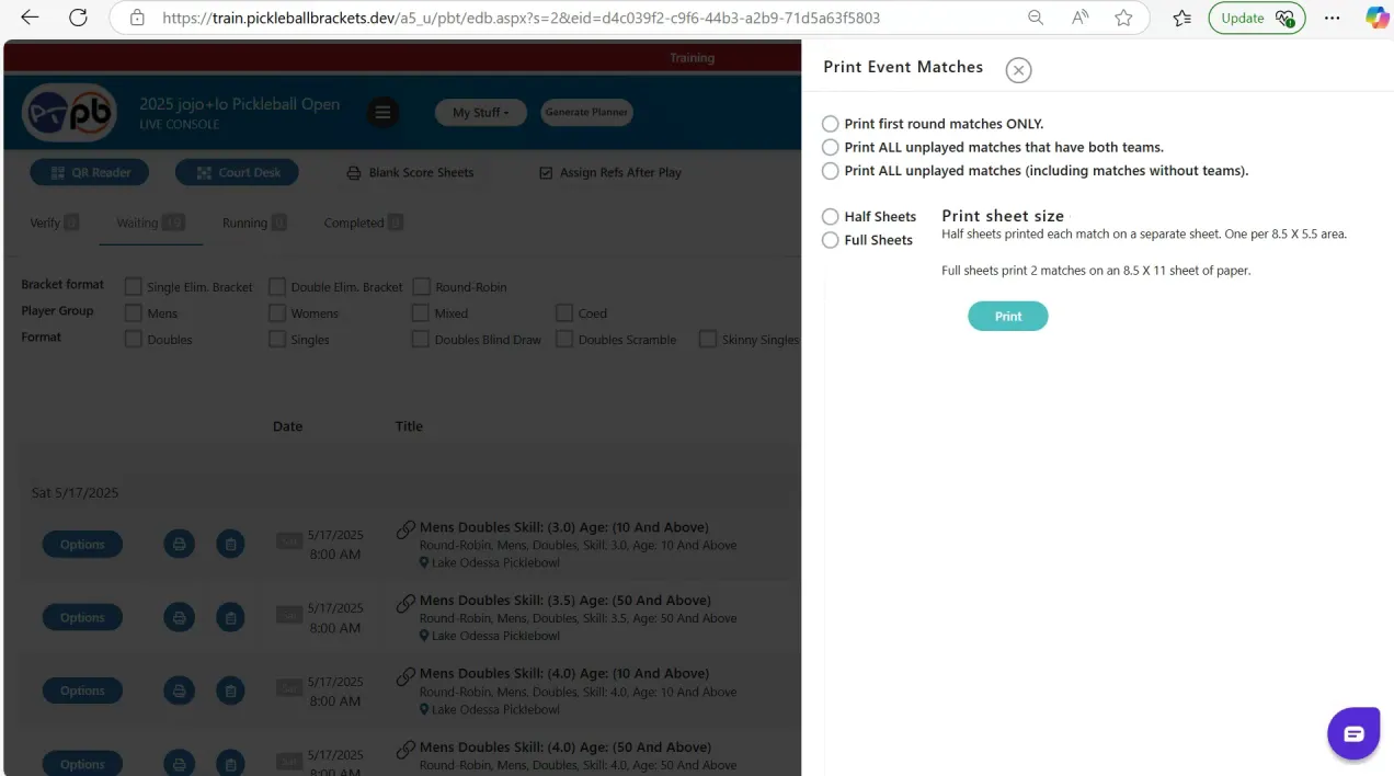 Print scorecards option in live console