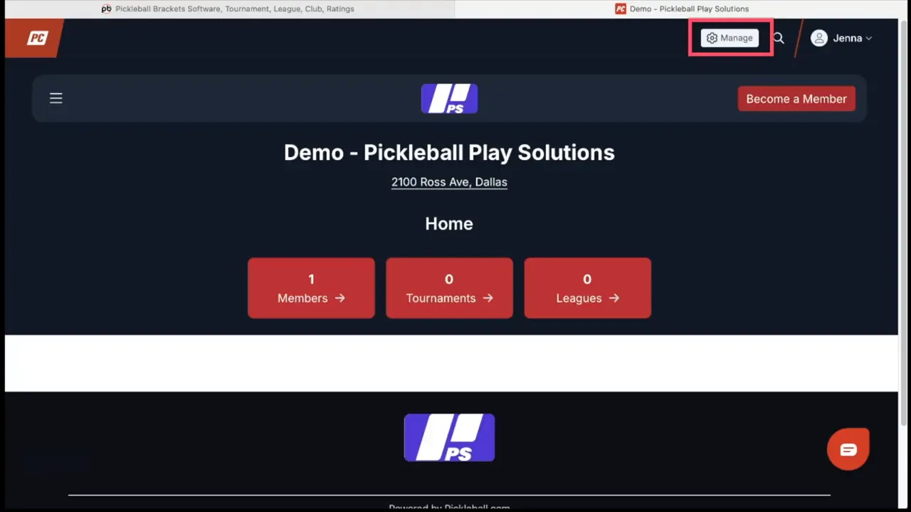 Club homepage with Manage button highlighted in the top bar and Members tile visible