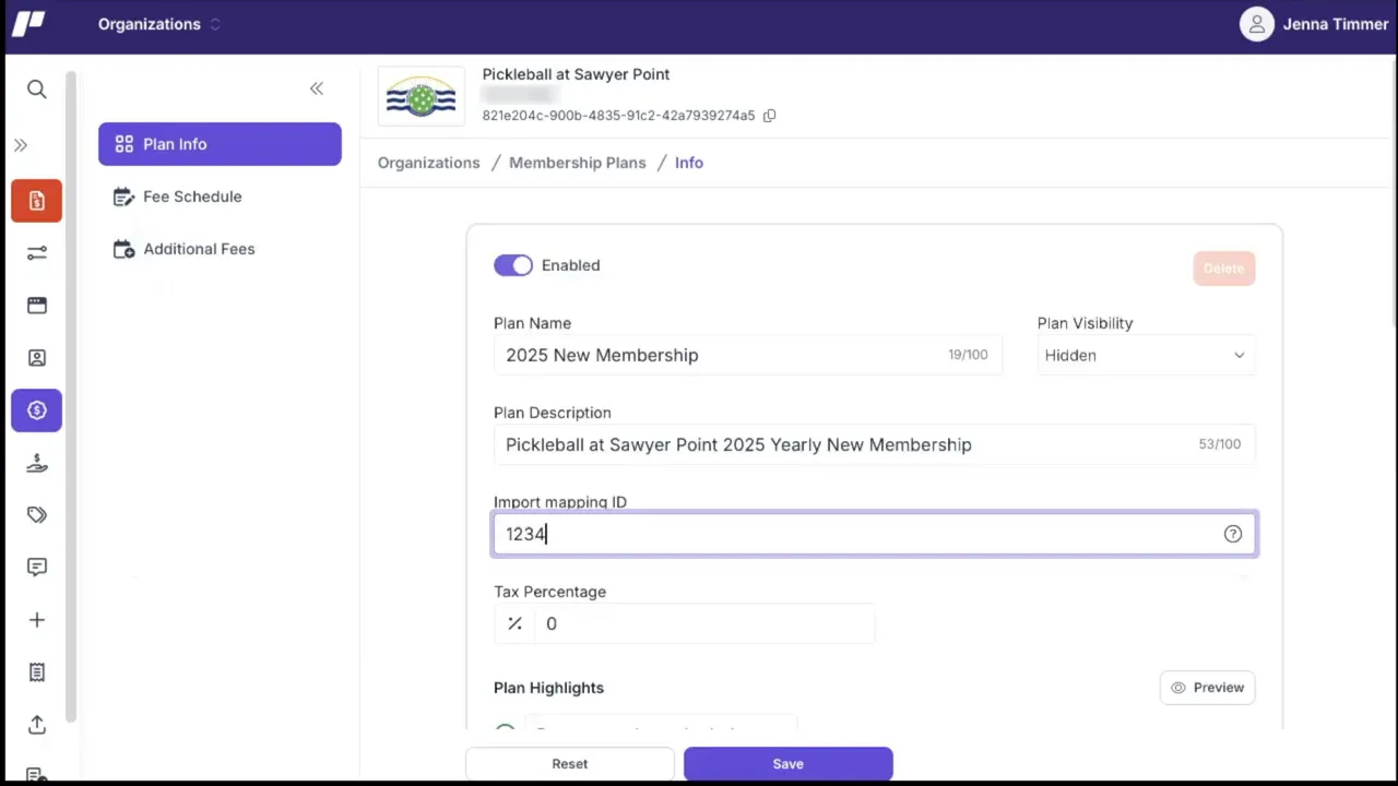 Plan info panel with Import mapping ID input highlighted (value 1234)