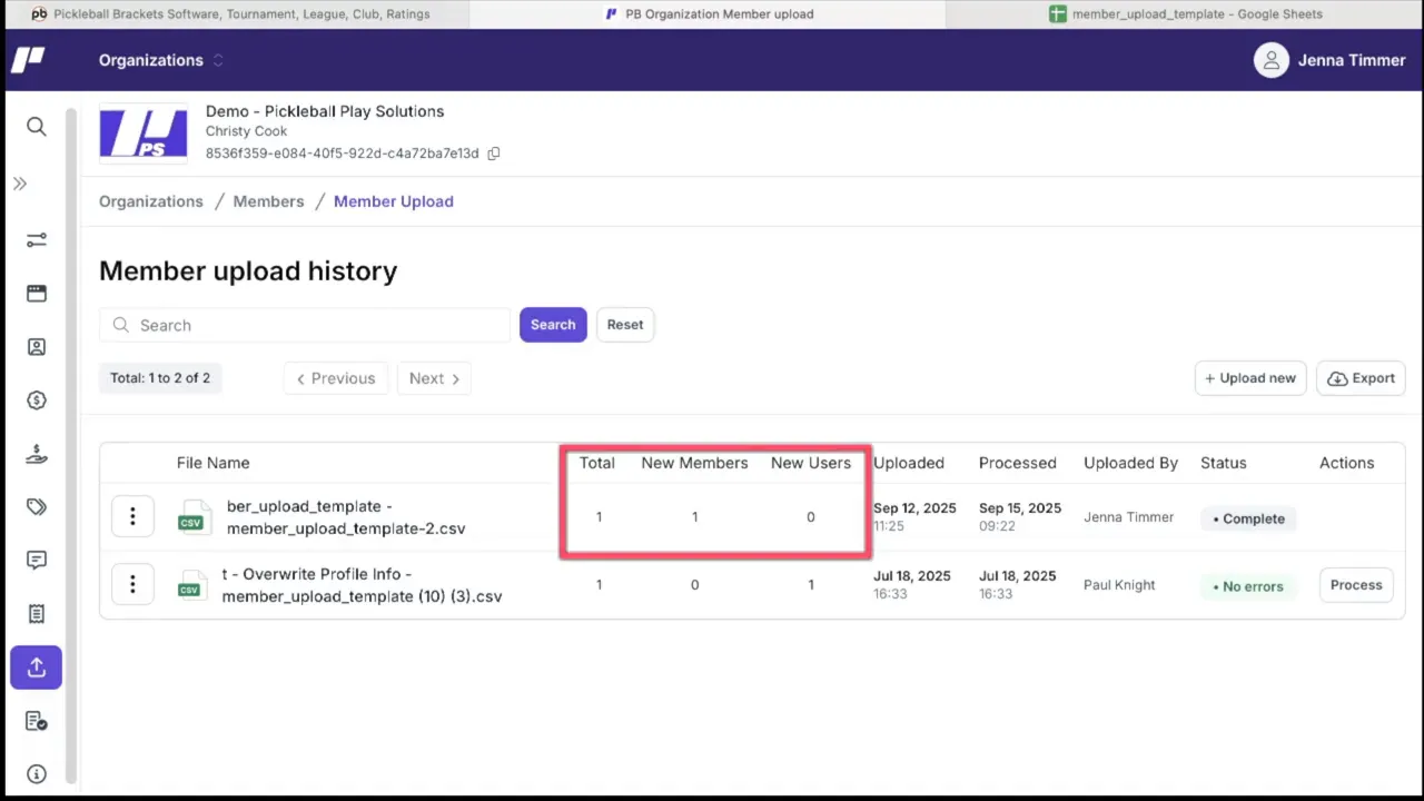 Import summary counts highlighted showing totals, new members and new users
