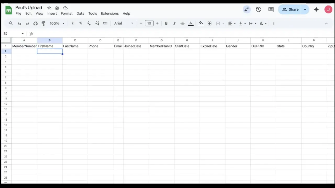 Google Sheets template showing headers: MemberNumber, FirstName, LastName, Phone, Email, JoinedDate, MemberPlanID, StartDate, ExpireDate, Gender, etc.
