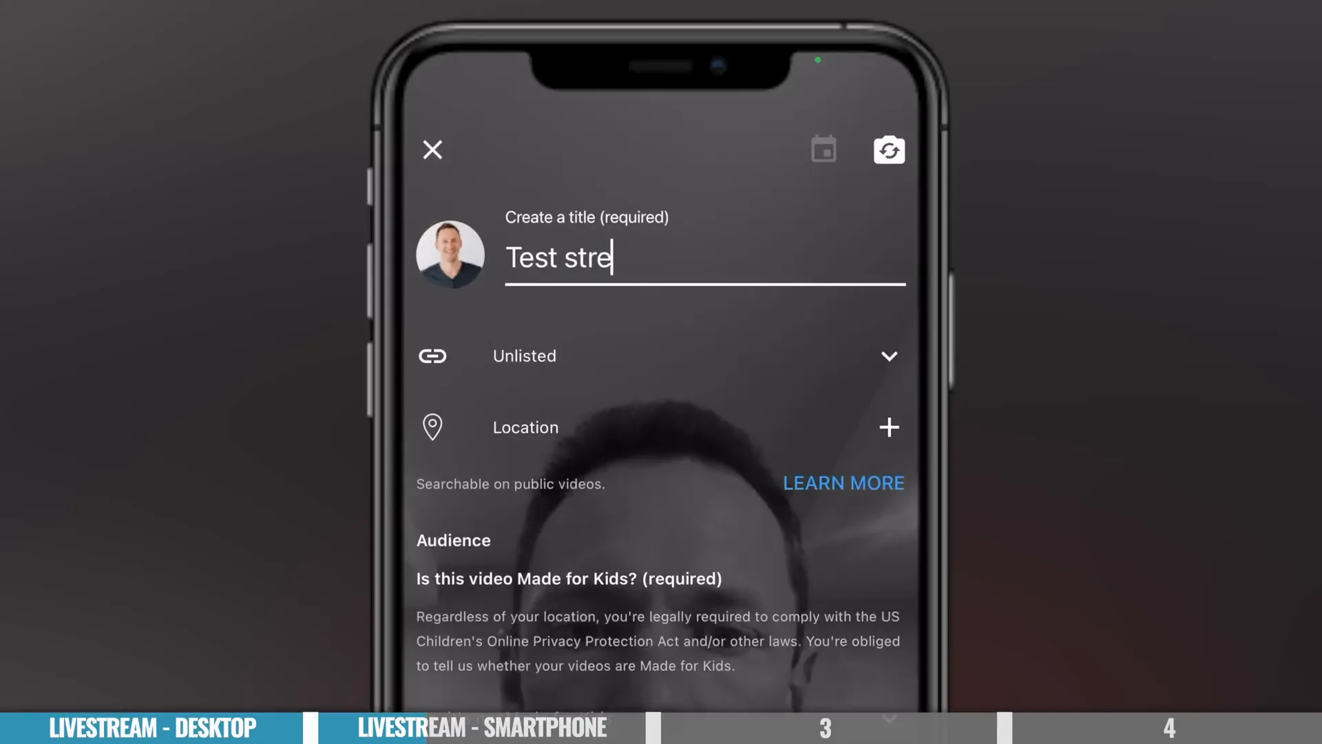 YouTube mobile go live screen showing title and visibility options