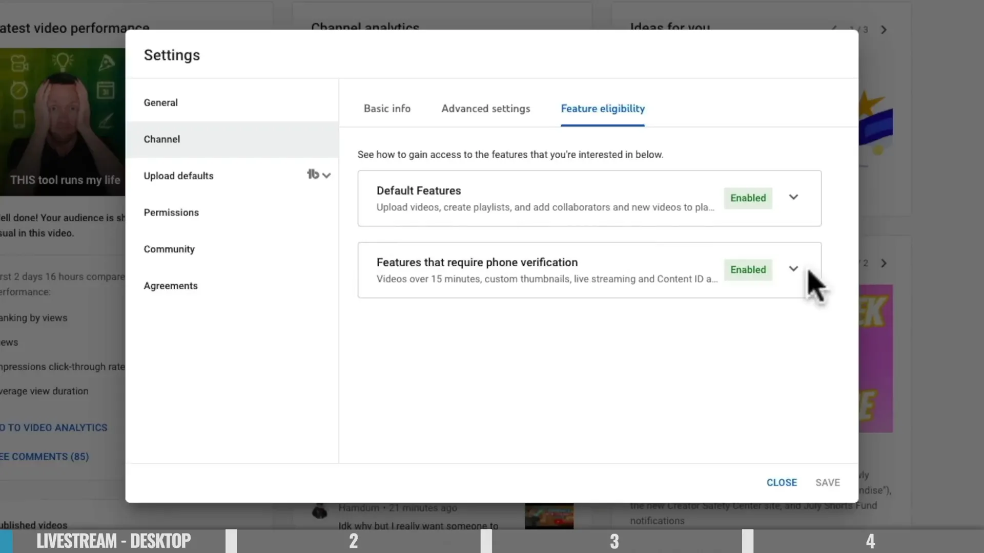 YouTube Studio feature eligibility and channel verification screen