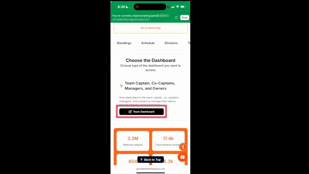 Mobile screenshot with Team Dashboard button highlighted, showing where to tap to open team dashboard