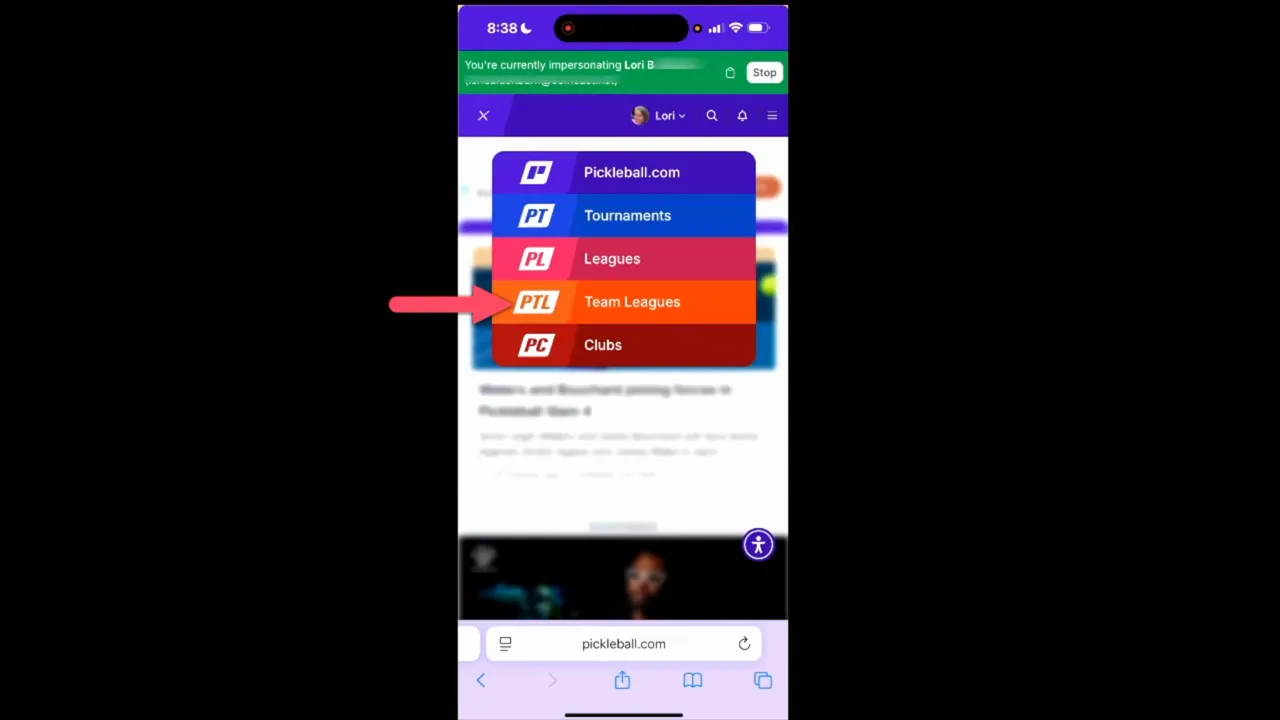 Mobile screenshot of main menu with 'Team Leagues' highlighted and arrow pointing to it