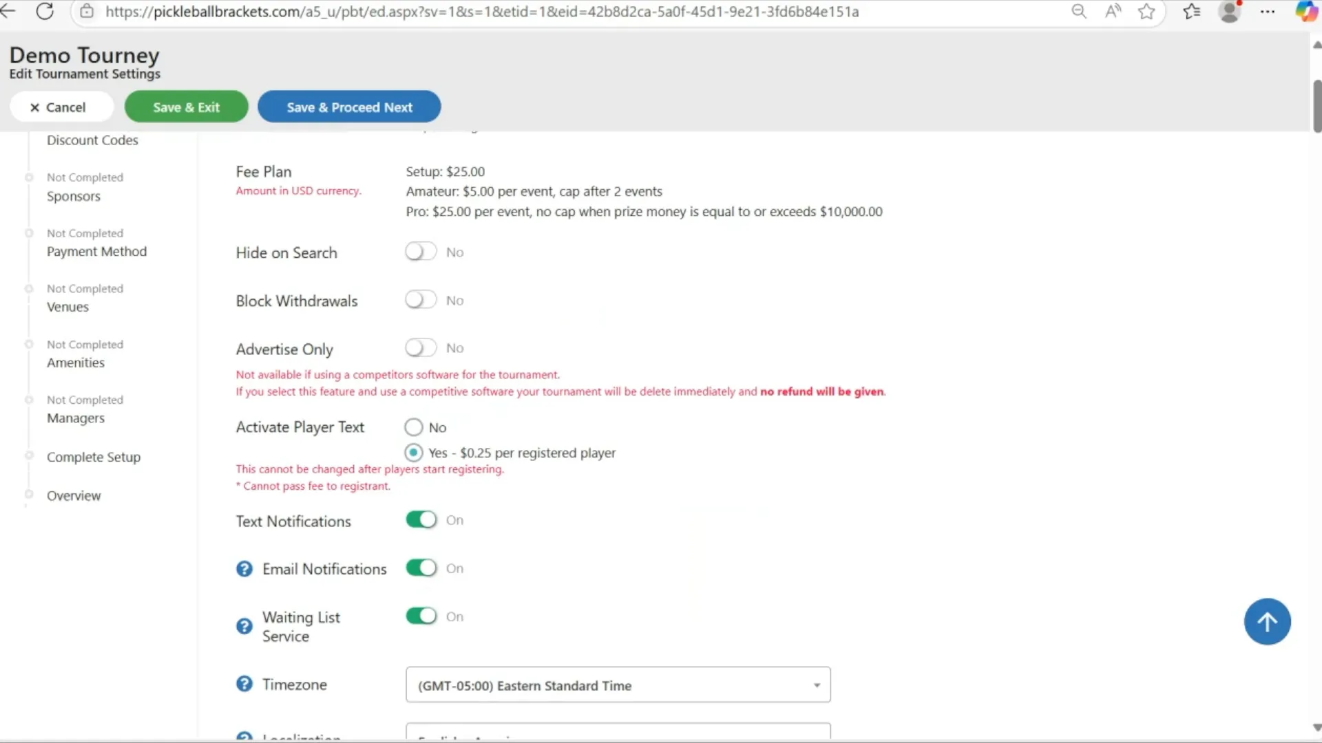 Tournament info screen showing communication and waitlist settings