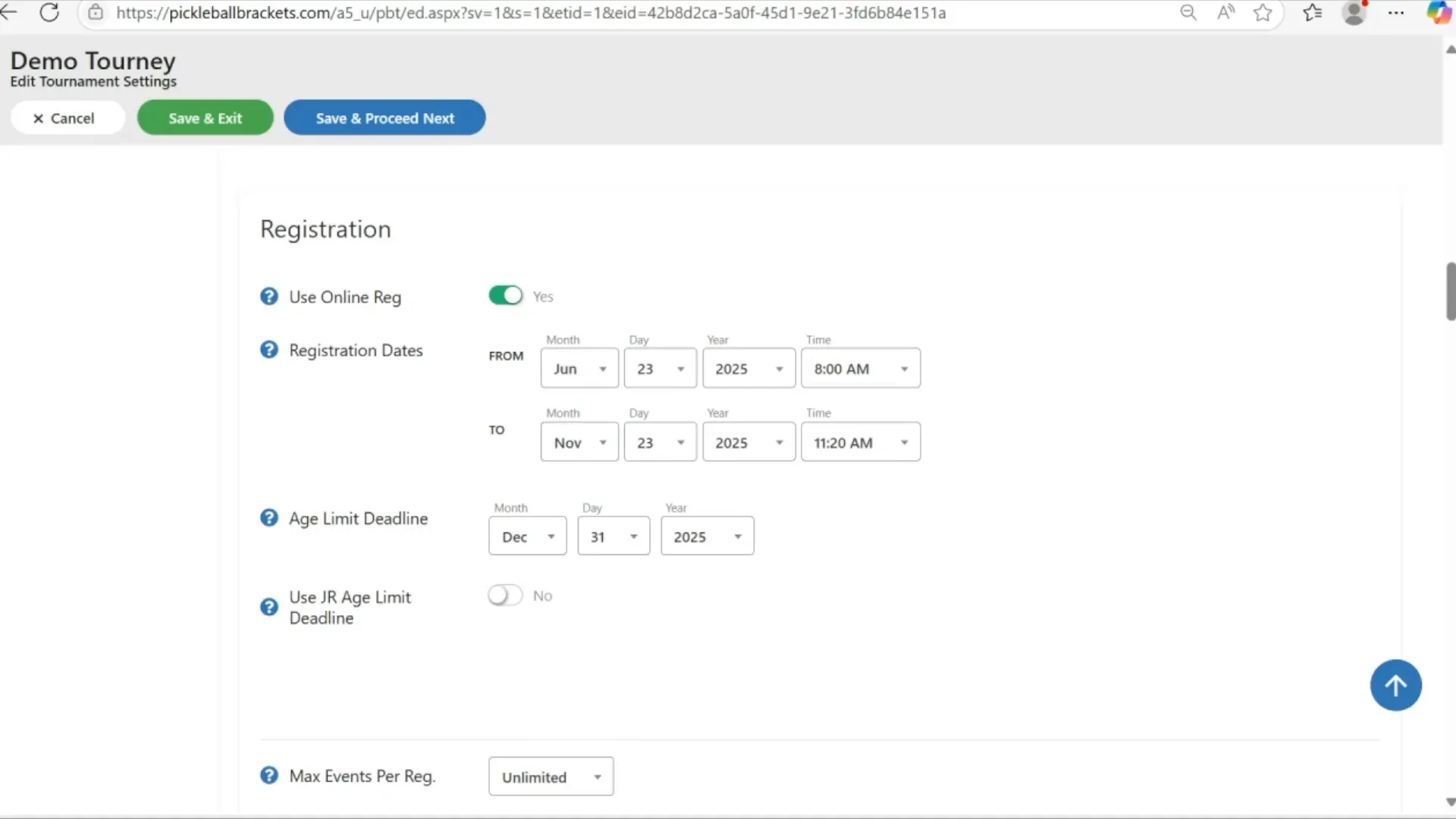 Online registration settings and player information requirements