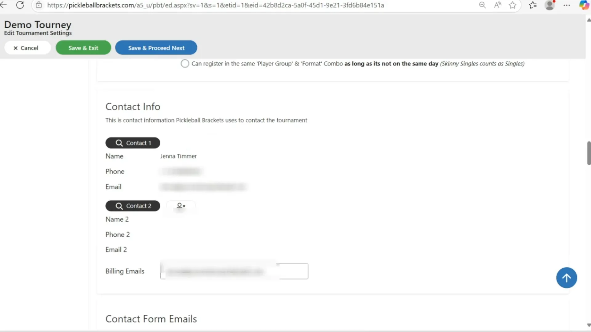 Contact information and email settings